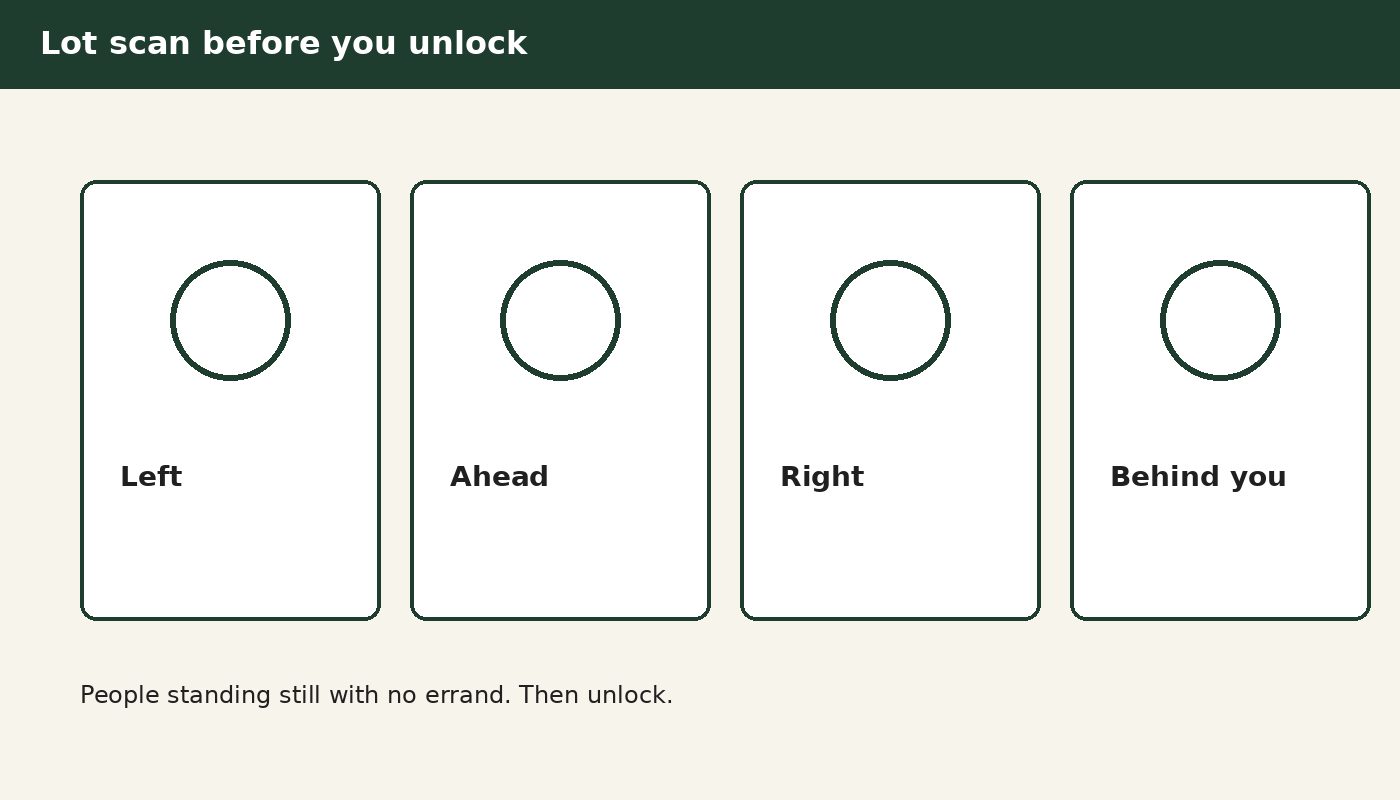 Parking lot scan: look left, right, and behind before you unlock